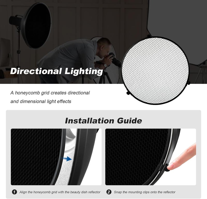 soonpho 21inch/55cm White Metal Beauty Dish Bowens Mount Standard Reflector with Storage Bag,Honeycomb Grid and Six-Color Diffuser for GODOX NEEWER Strobe Flash LED Video Light - Image 3